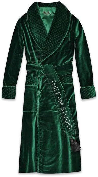 Men Smoking Robe Green Velvet Silk Warm Vintage Smoking Jacket