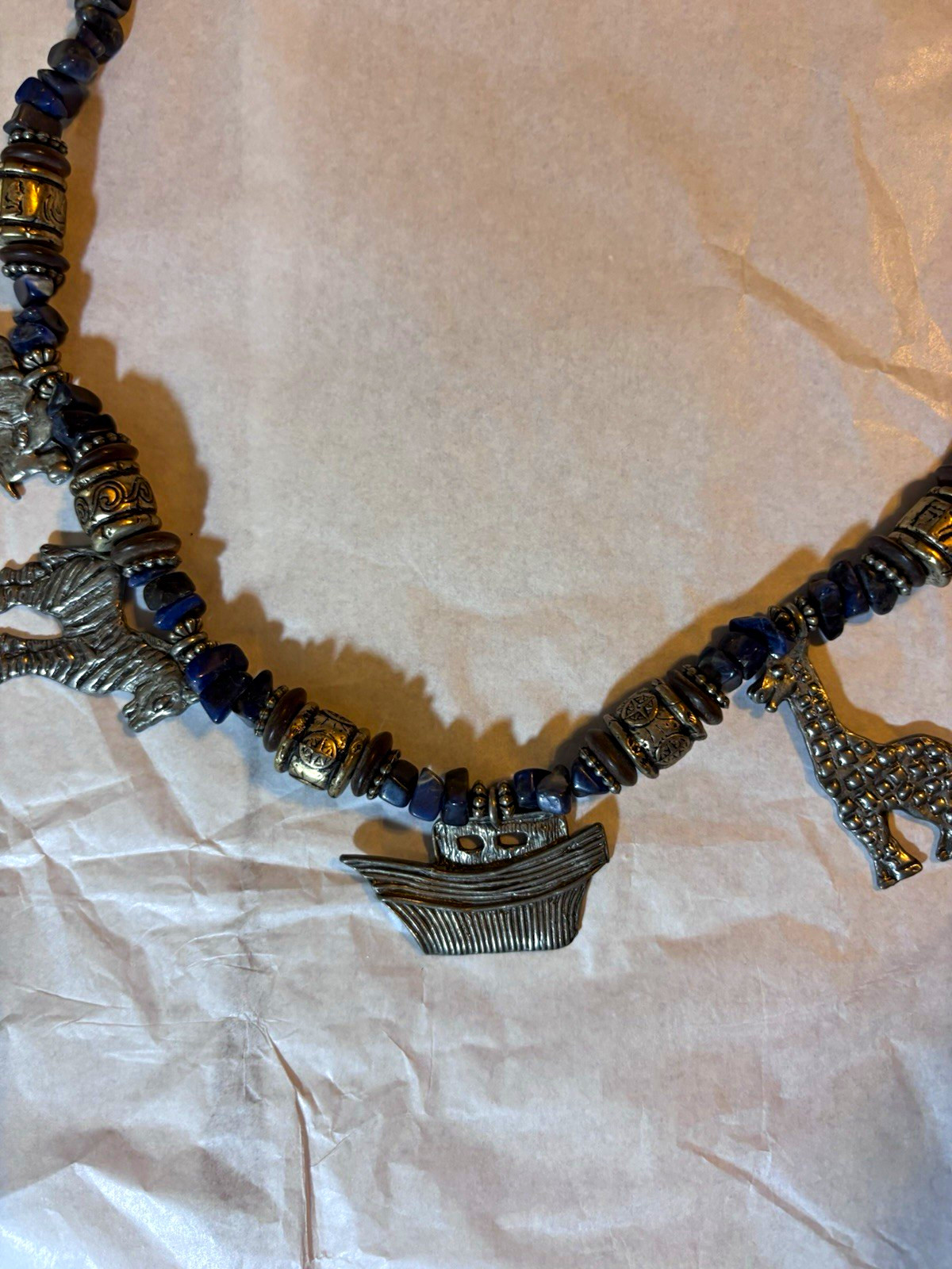 Vintage Noah’s Ark Necklace Sodalite Pewter Animal Charms Elephant Giraffe 