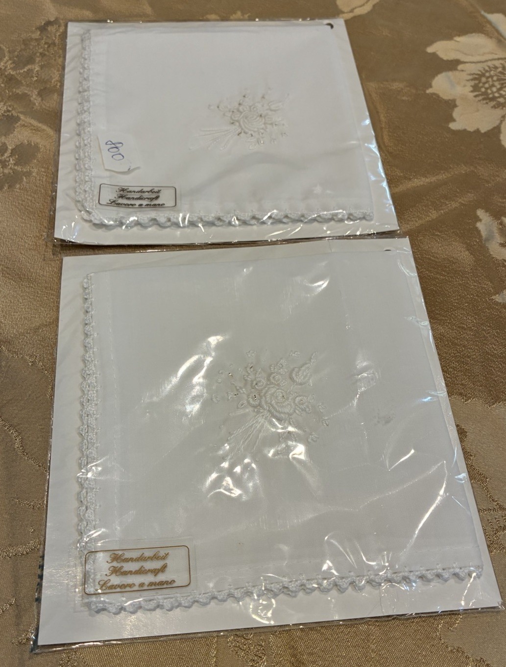 Vtg Hungarian Hand Embroidered Handkerchiefs Gold Flecks Lace Handarbeit New 2