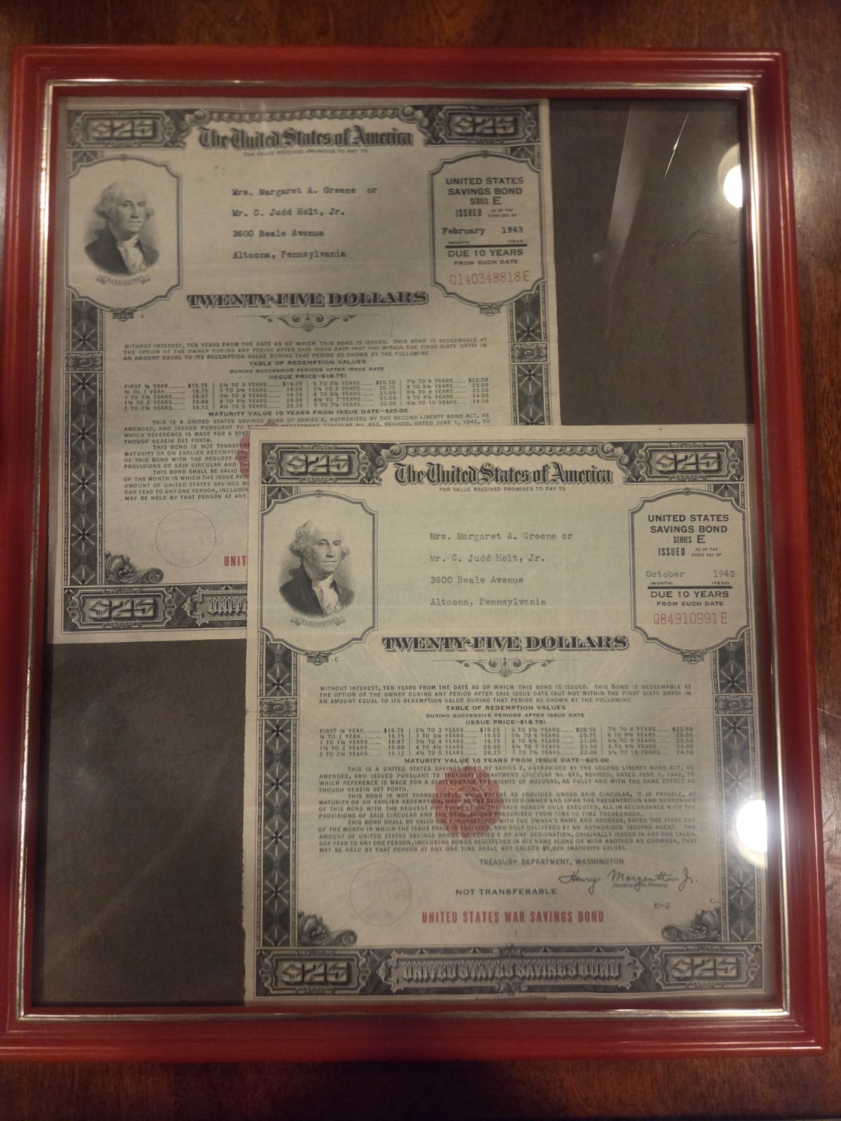 Framed U.S. Treasury War Savings Bond Series E $25 (2 Bonds) E 1942 E 1943 Mint