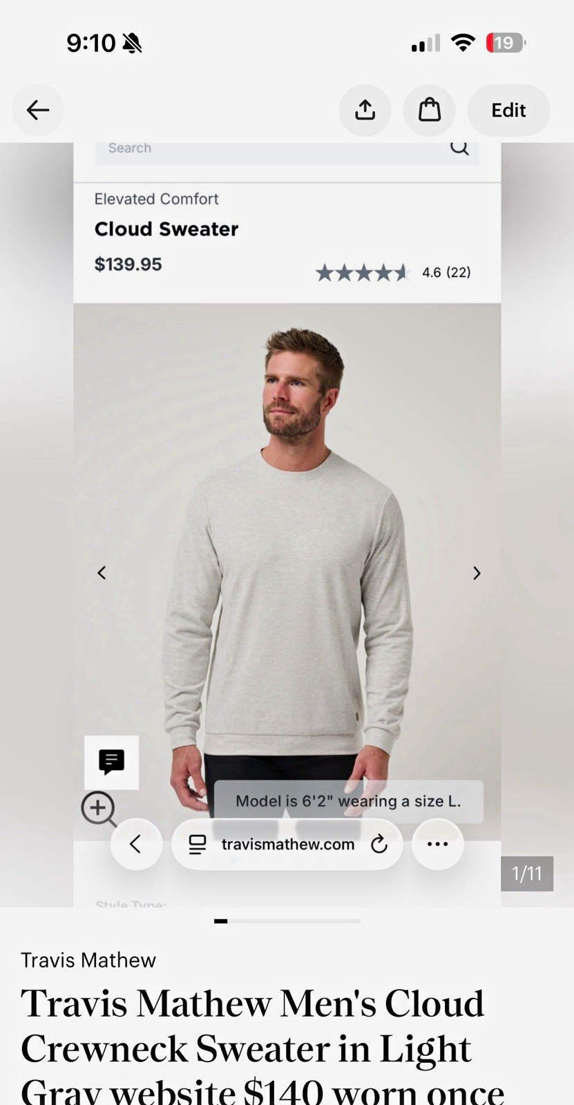 TravisMathew Cloud Crewneck Pullover Sweater Solid Gray Men\'s XL A42357