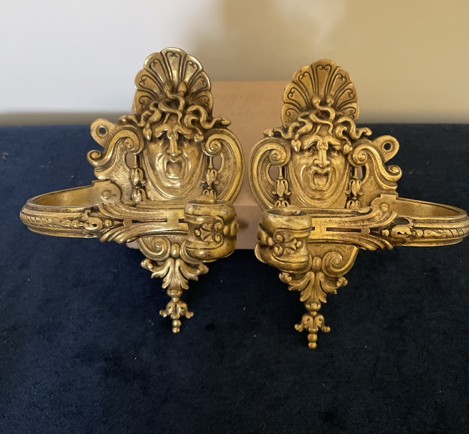 PAIR ANTIQUE CURTAIN TIE BACKS GILT BRONZE MEDUSA HEAD