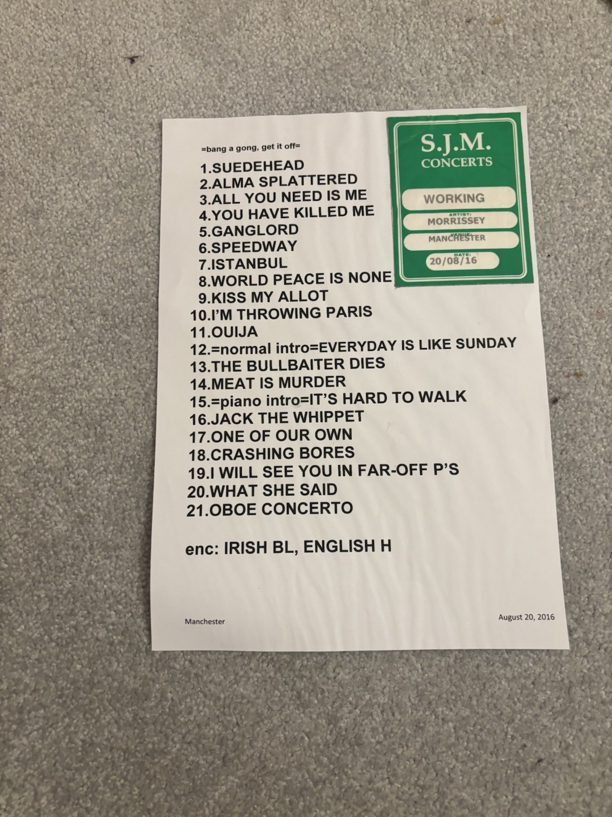 Morrissey Manchester 20/08/16 Arena Set list And Working Pass