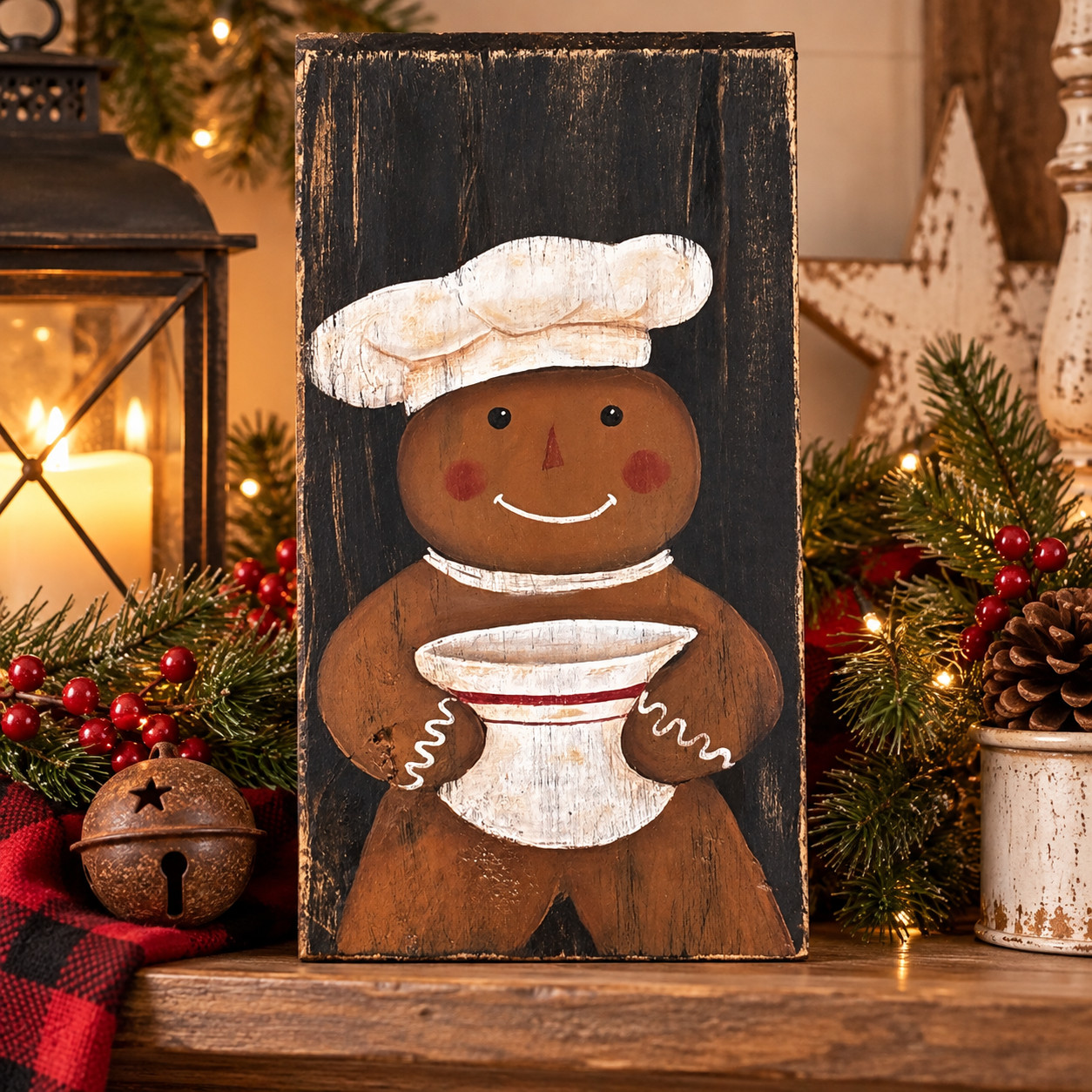 Gingerbread Baker Bowl Hand Painted Reclaimed Wood Christmas Wall Decor