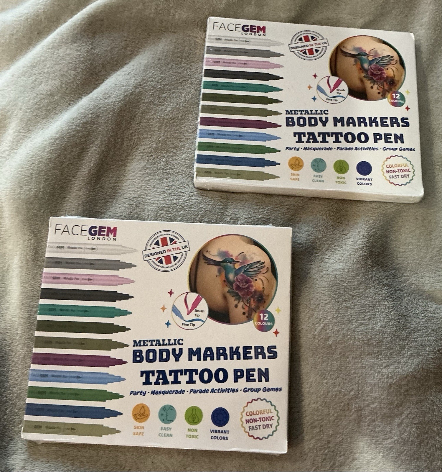 FaceGem London Metallic Body Markers Tattoo Pens 12 Colors Dual Tip  2 Packs