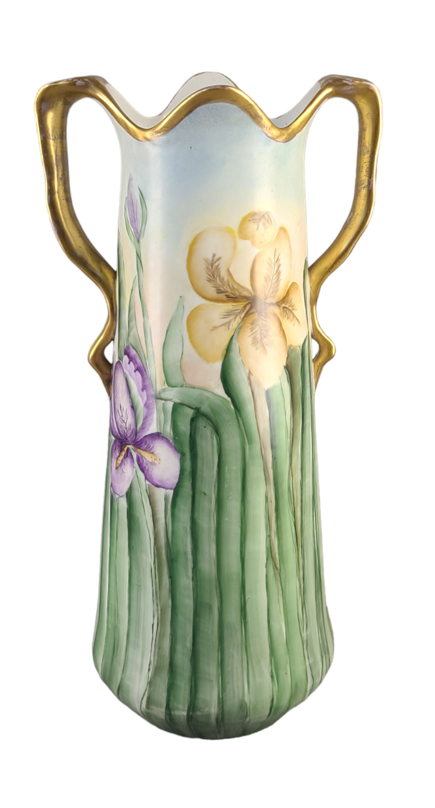 Antique Large Austrian Hand painted Irises Gilded Two Handle Vase Signed 17\'\'