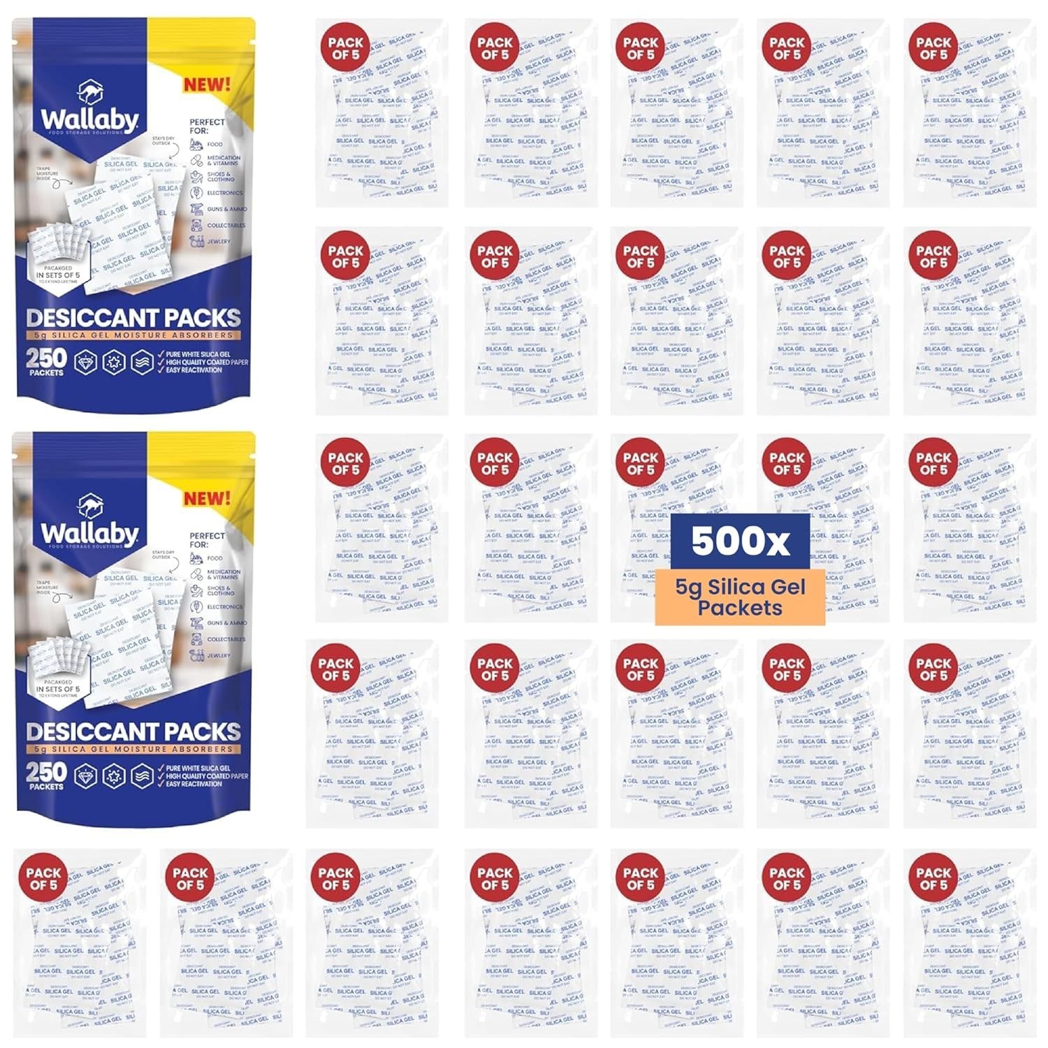 Wallaby 5g Silica Gel Desiccant Packs Food Safe Rechargeable 500 Pack