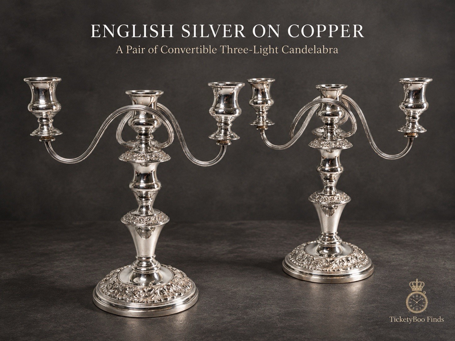 Stunning Large Pair English Silver on Copper 3-Light Convertible Candelabra