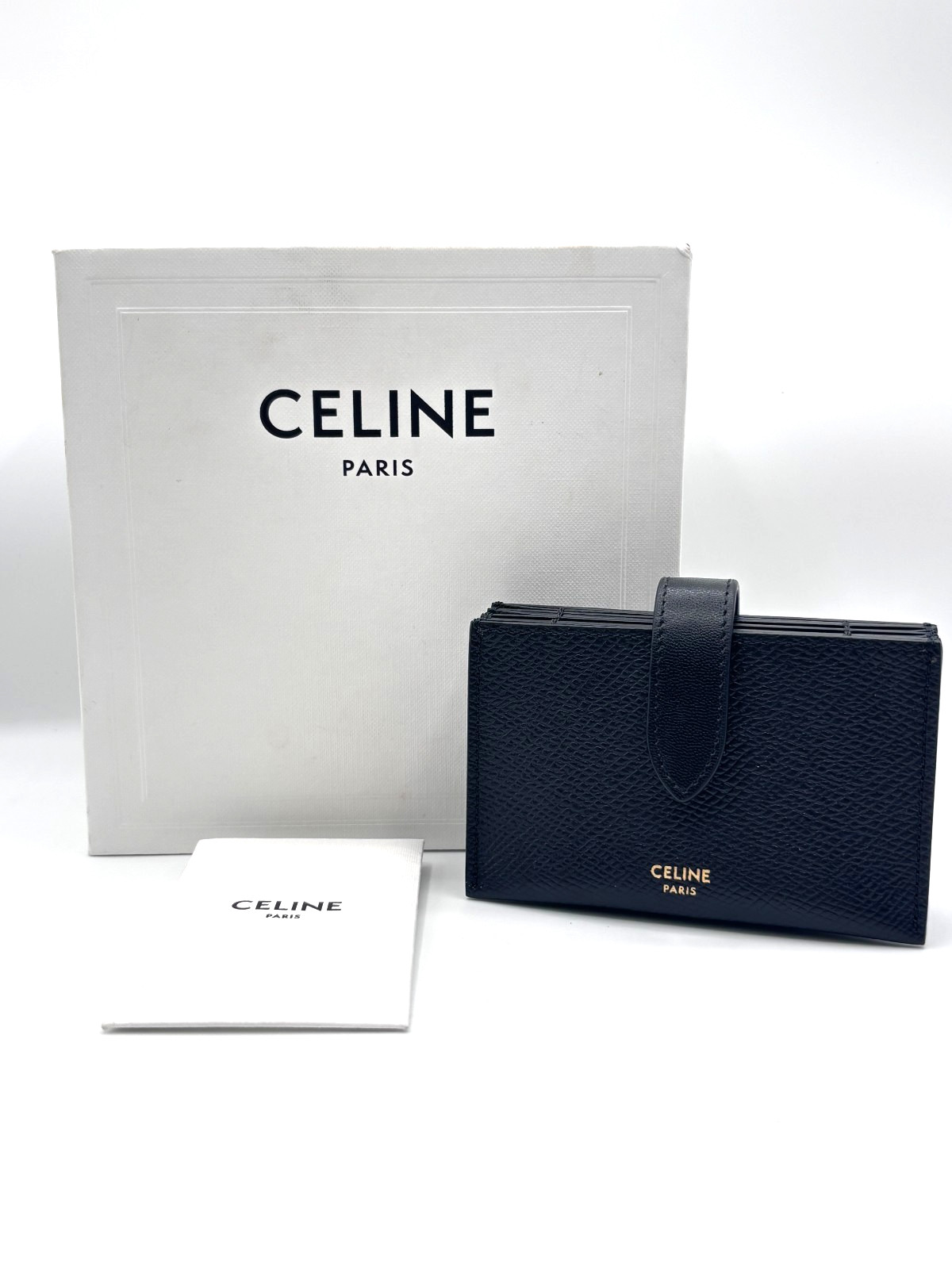Unused Celine Strap Accordion Card Holder Grained Calfskin Leather Wallet Black