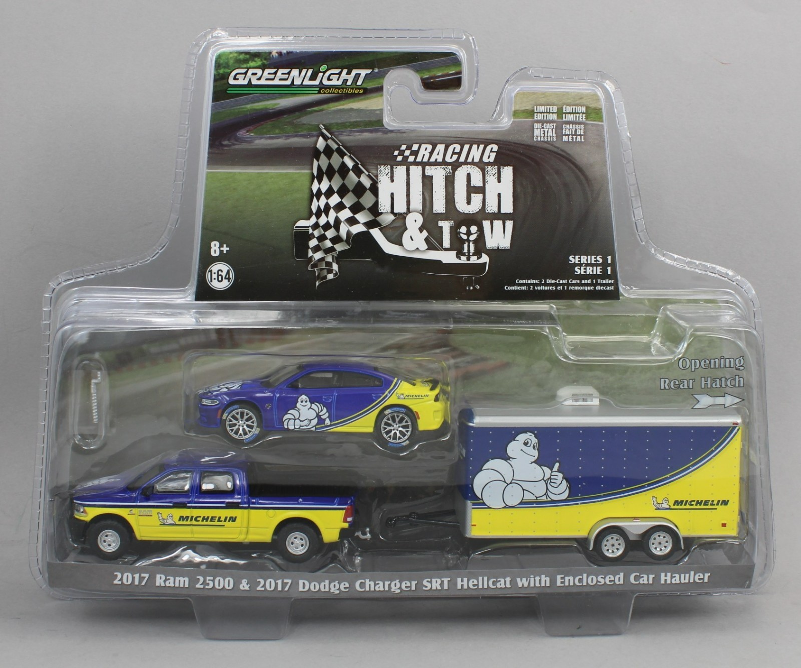 1:64 GreenLight HITCH & TOW Michelin Tire DODGE Ram & Charger Enclosed Trailer 1:64 GreenLight HITCH & TOW Michelin Tire DODGE Ram & Charger Enclosed Trailer