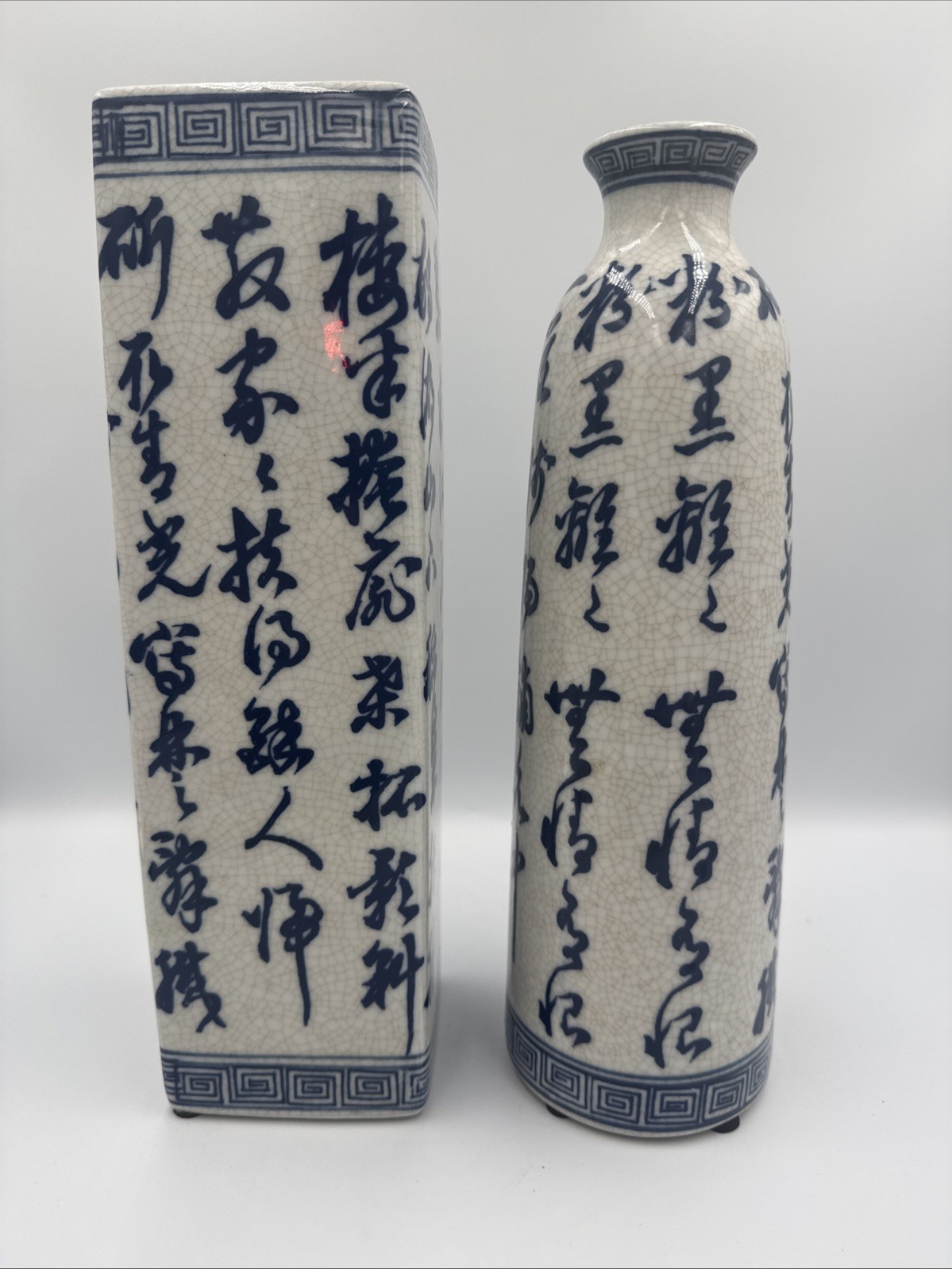 Pair Vintage Chinese Calligraphy Stoneware Vases Literati Poem Set 12
