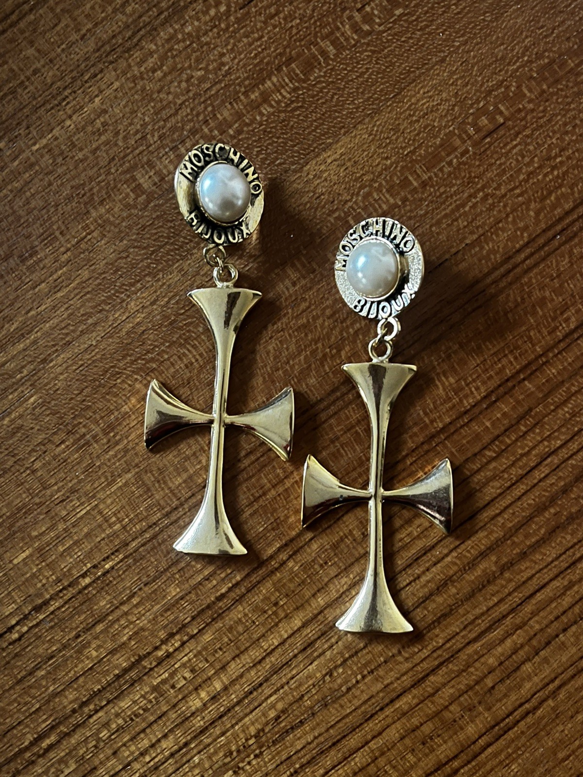 Rare Vintage 1980’s Franco MOSCHINO Giant Crucifix Gold Tone Clip on Earrings