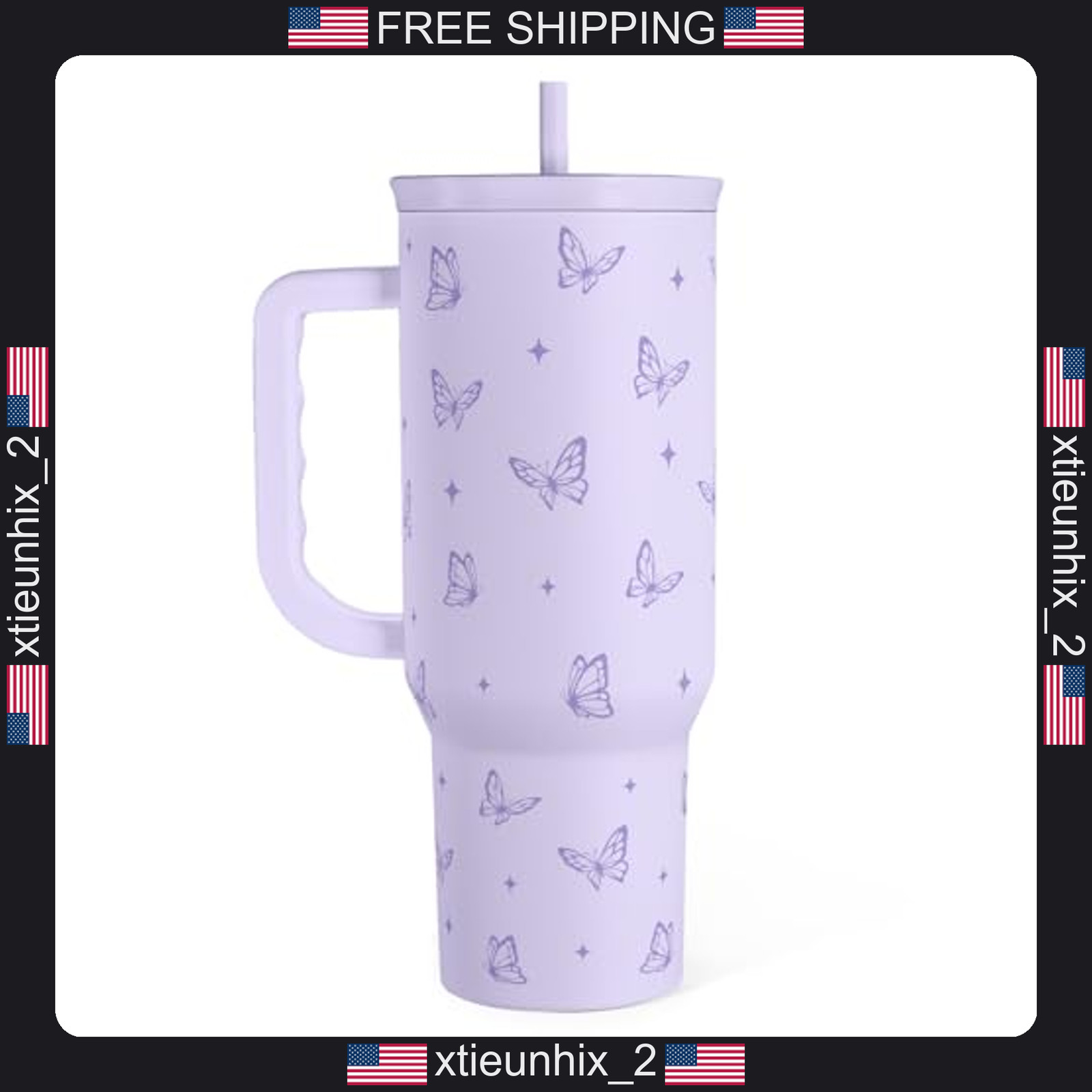 Stainless Steel 40oz Tumbler with Handle for Women, Purple Butterfly Design