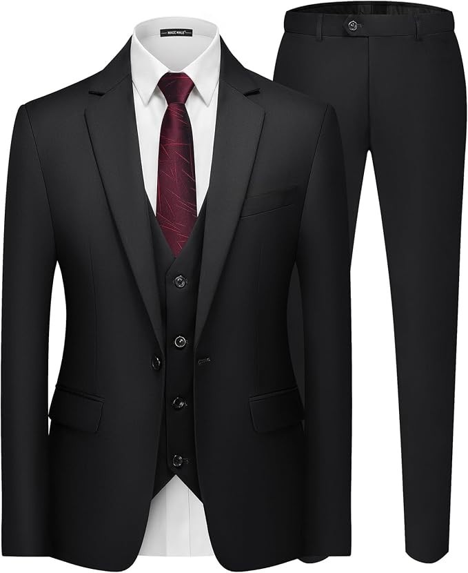Mage Male Black 3 Piece Suit Small 38R 32W Slim Fit Notch Lapel 1 Button Jacket