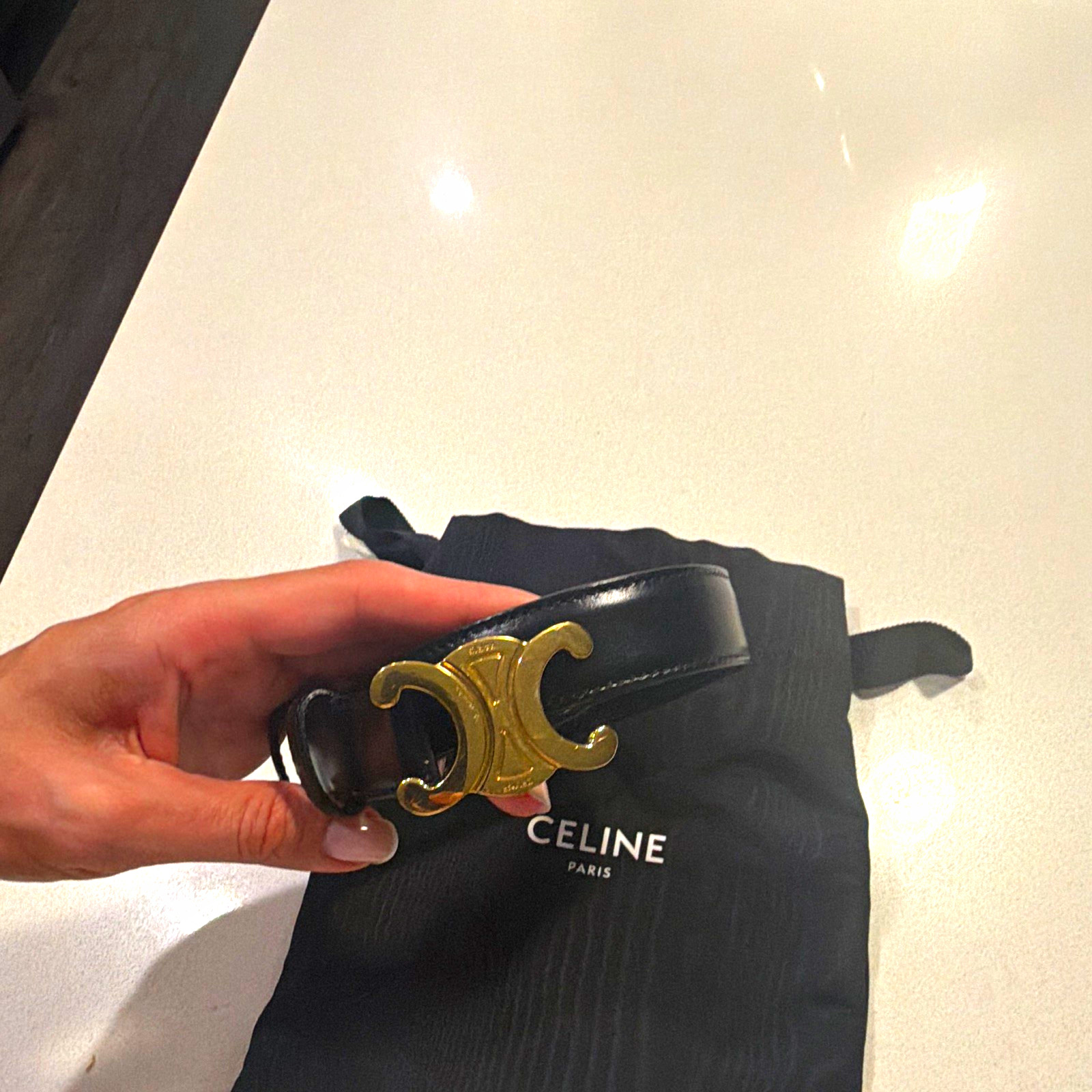 CELINE Women’s Black Skinny Fashion Belt Gold Logo Buckle Adjustable