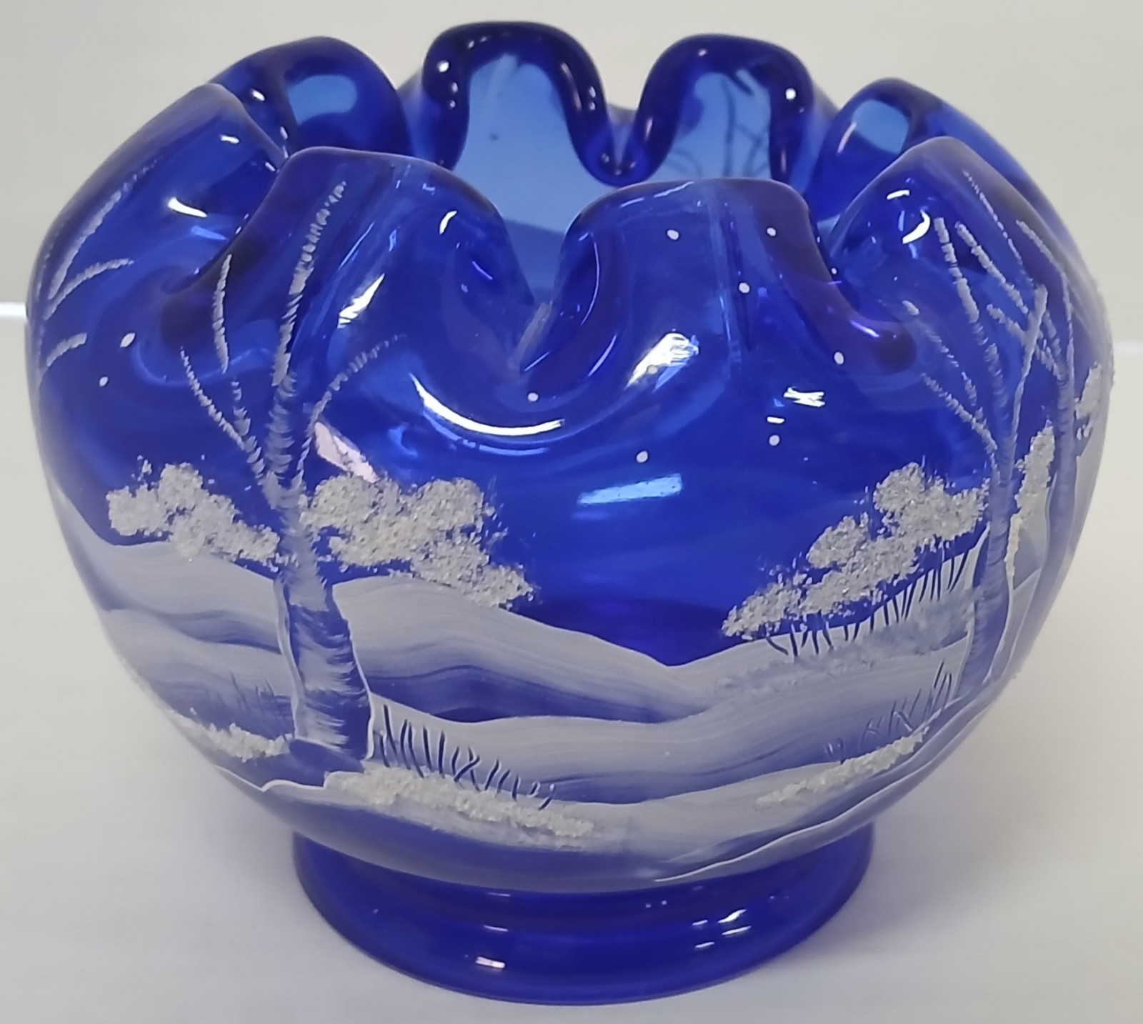 Fenton Cobalt Blue Art Glass Bowl Painted Winter Scene B. Huggins Hand Painted