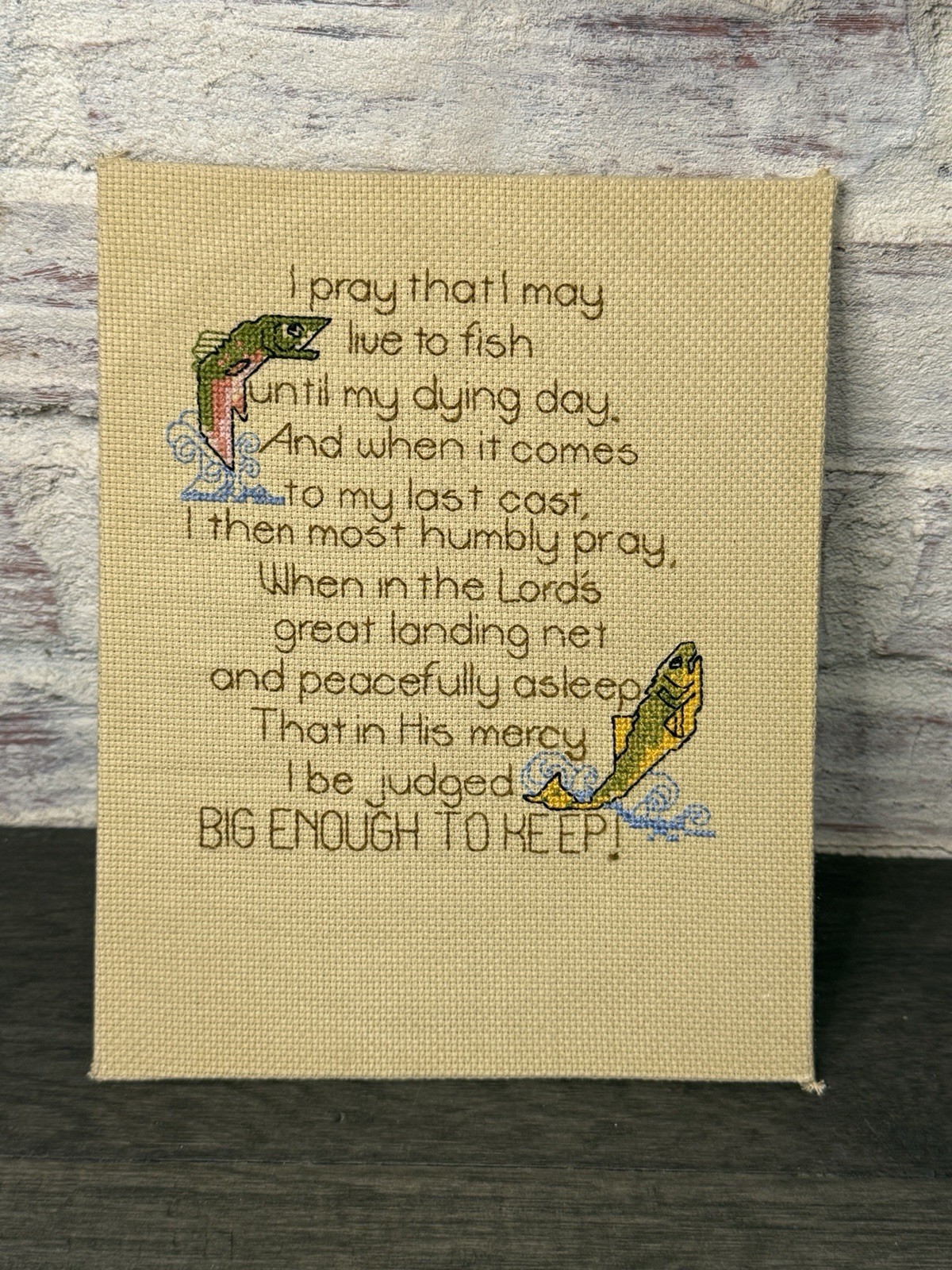 Finished Cross Stitch Fishing Fisherman Fish Backed Art Vintage Unframed