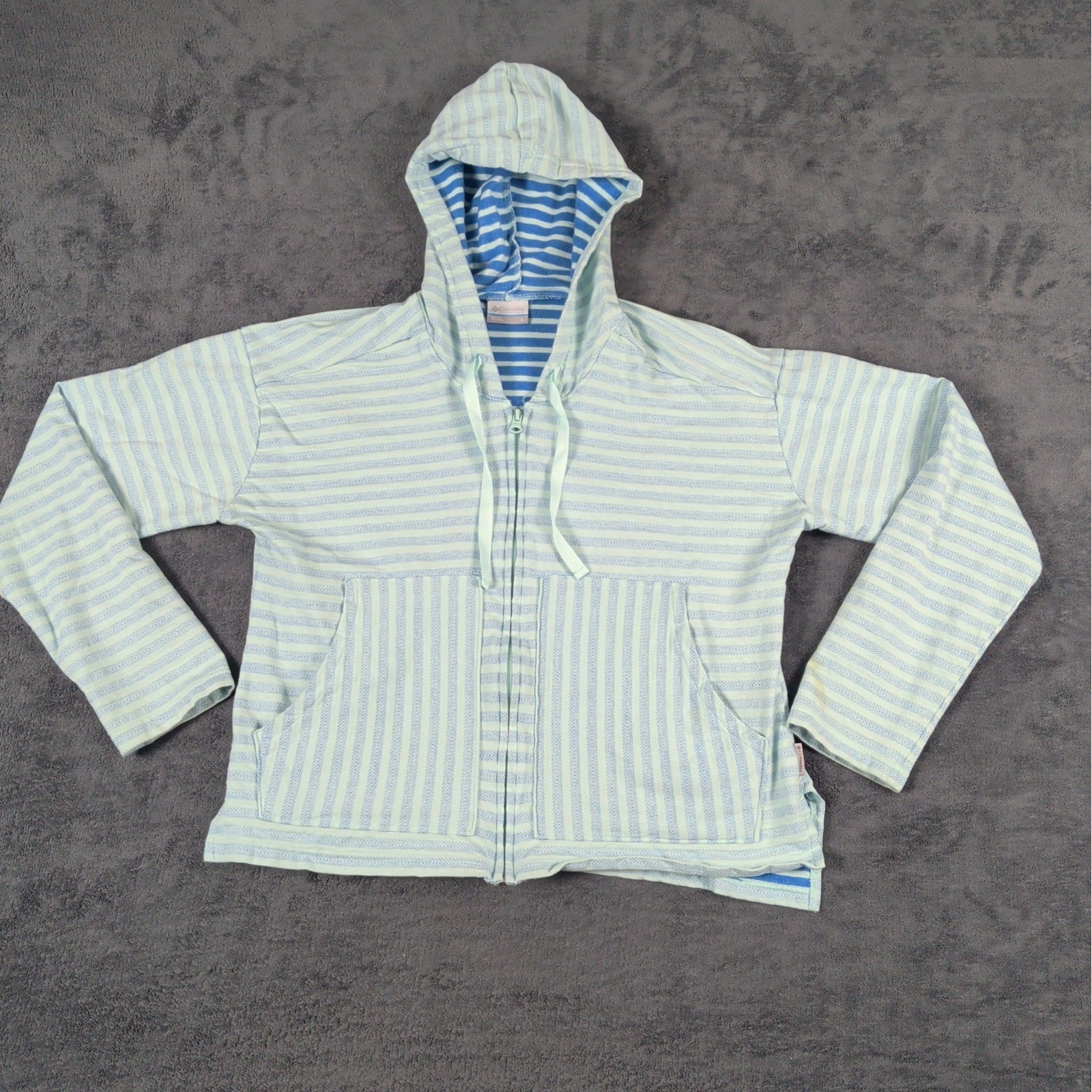 Columbia Women\'s Size Large Sweatshirt Jacket Full Zip Blue Striped Hooded Columbia Women\'s Size Large Sweatshirt Jacket Full Zip Blue Striped Hooded