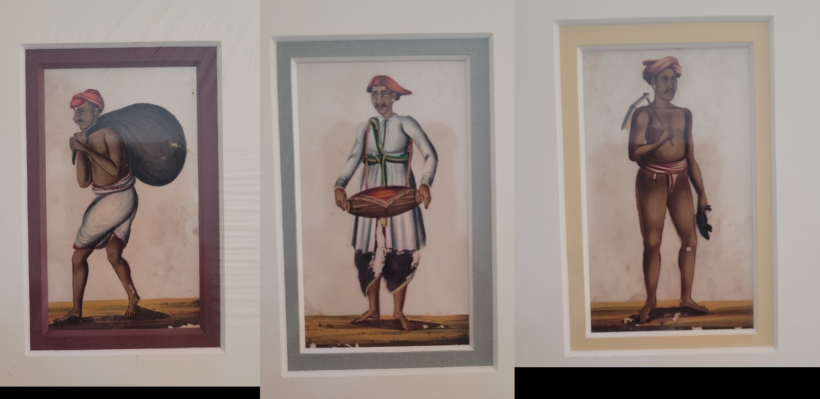 Lot antique vintage Indian 19th century paintings x3 from Gallery matted scarce