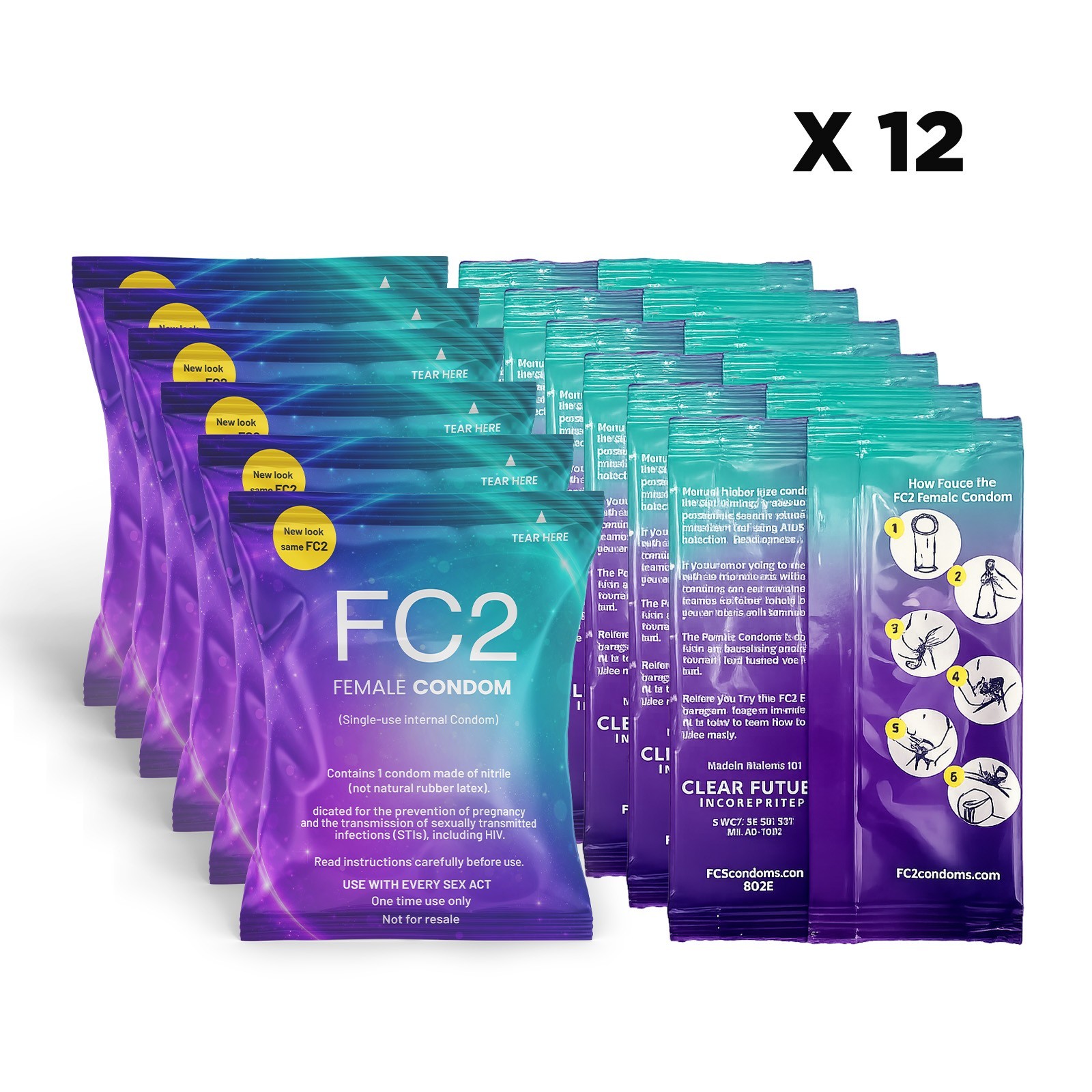 FC2 Female Condoms 12 Pk. New Look  Exp: 03/23/2030 W/4 PK Lubes. 