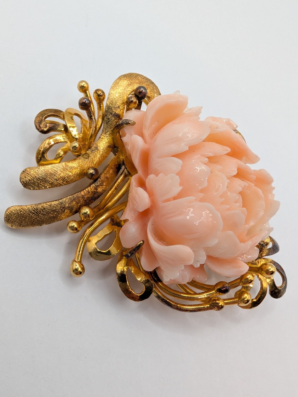 Vintage Sterling Silver Carved Pink Coral Flower Brooch Gold Vermeil Floral Pin