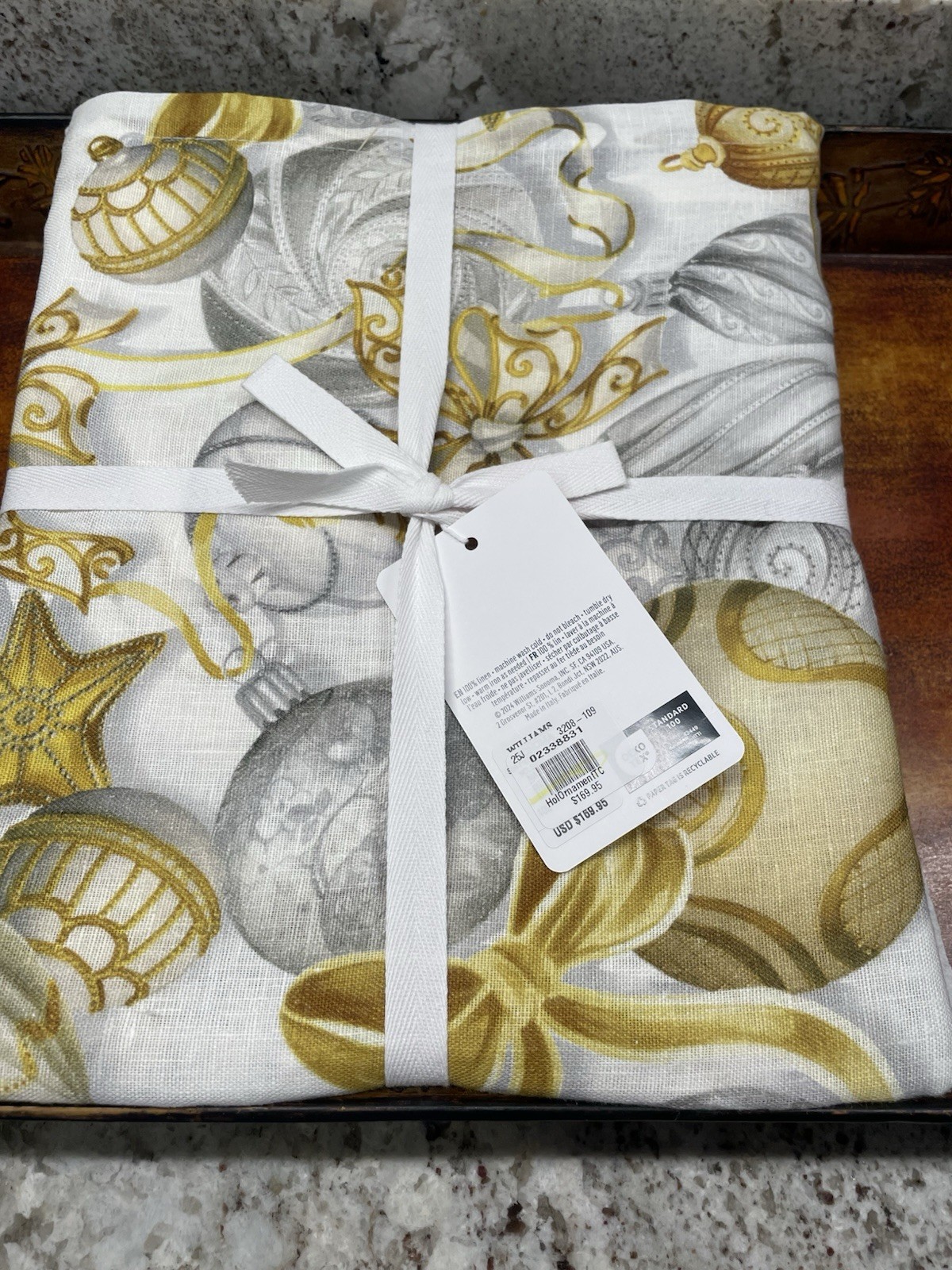 Williams Sonoma Gold Ornament Holiday Tablecloth 70x108 NWT