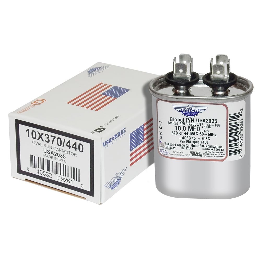 10 MFD x 370 / 440 VAC Oval Motor Run Capacitor AmRad USA2035 - Made in USA 10 MFD x 370 / 440 VAC Oval Motor Run Capacitor AmRad USA2035 - Made in USA