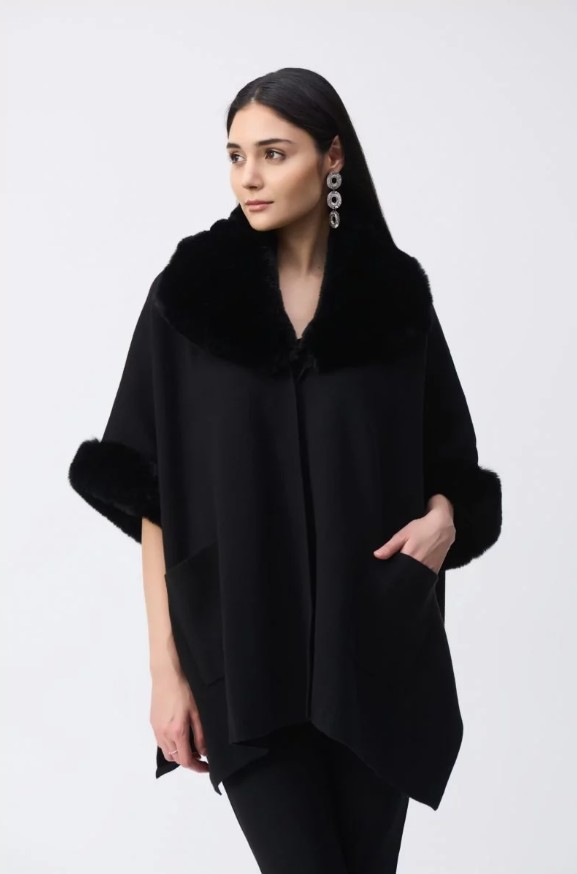 New Joseph Ribkoff Faux Fur Trim Oversized Cape One Size Oversized New Joseph Ribkoff Faux Fur Trim Oversized Cape One Size Oversized