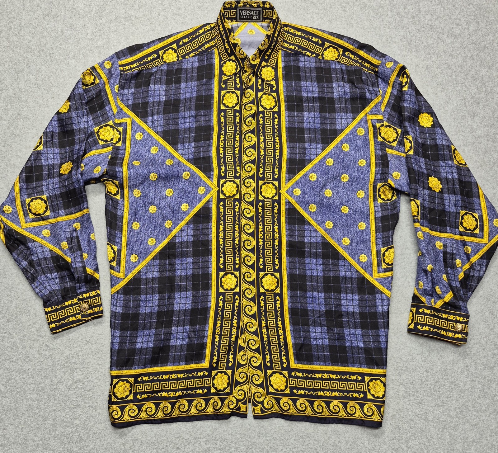 Vintage Versace Classic V2 Silk Shirt Mens XL Baroque Plaid Medusa Button Up 90s