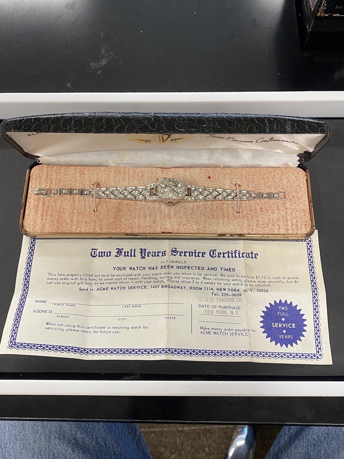 VINTAGE 1940\'s MAWI WIND-UP RHINESTONE WATCH W/ CASE AND PAPERWORK NOS RUNS VINTAGE 1940\'s MAWI WIND-UP RHINESTONE WATCH W/ CASE AND PAPERWORK NOS RUNS
