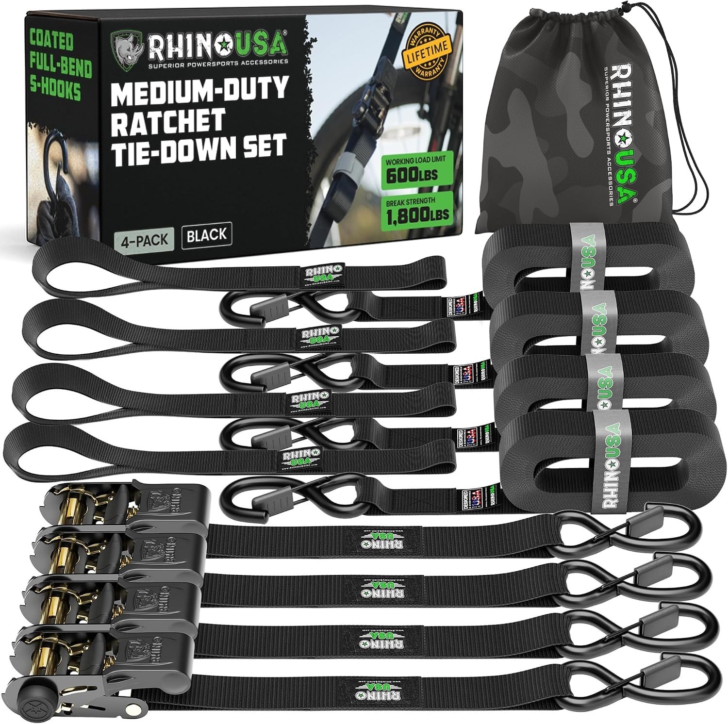 Rhino USA Retractable Ratchet Straps (4-Pack) - 1 Inch x 15 Feet (1,823lb Break Rhino USA Retractable Ratchet Straps (4-Pack) - 1 Inch x 15 Feet (1,823lb Break