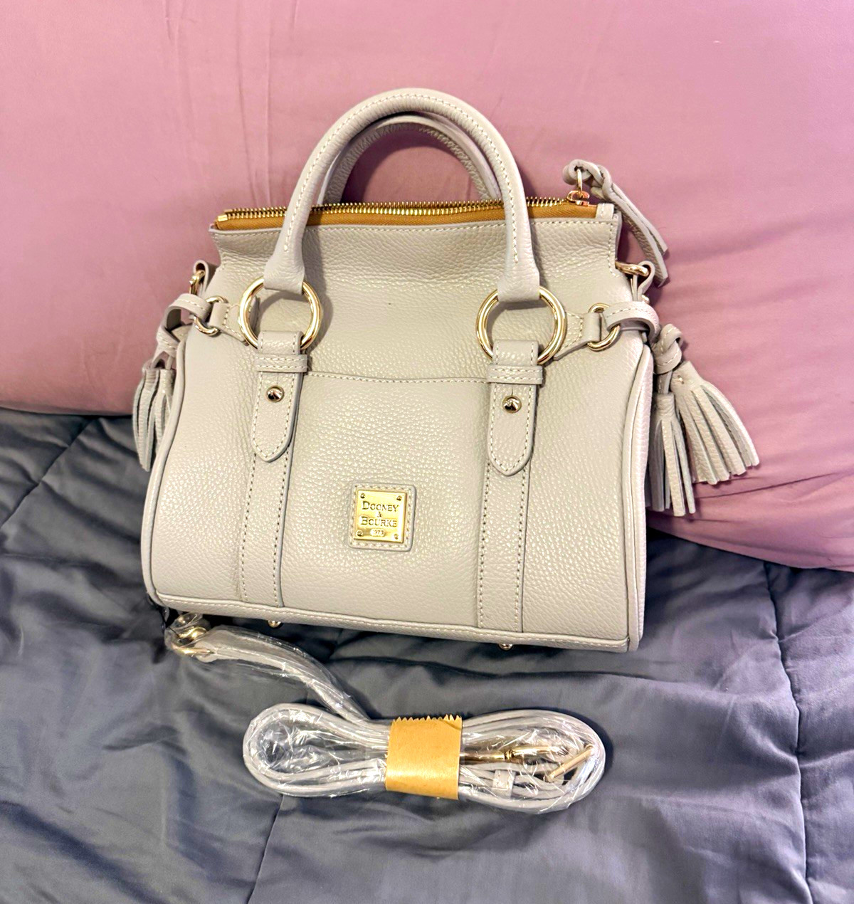 Dooney & Bourke Gray Pebbled Luca Satchel Top Handle Zip Bag Detachable Strap