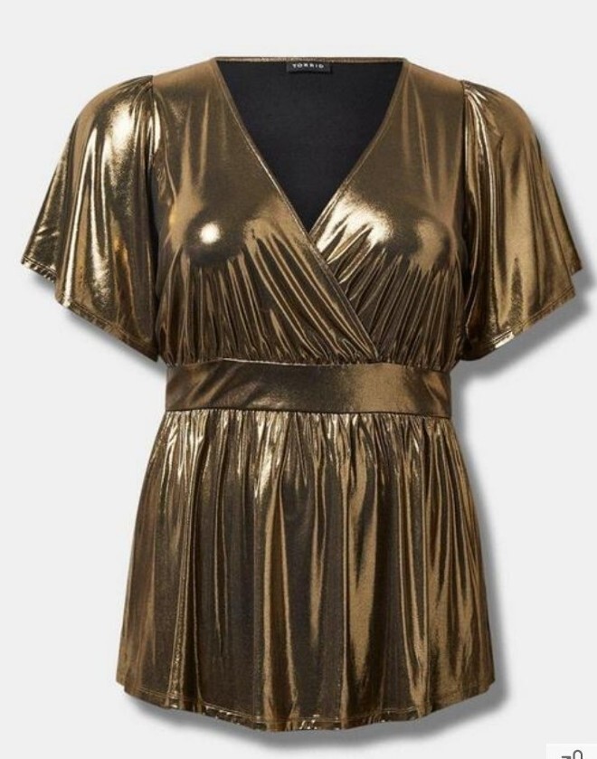 Torrid Women\'s Plus 2X Gold Shimmer Blouse Short Sleeve Peplum Metallic NWT
