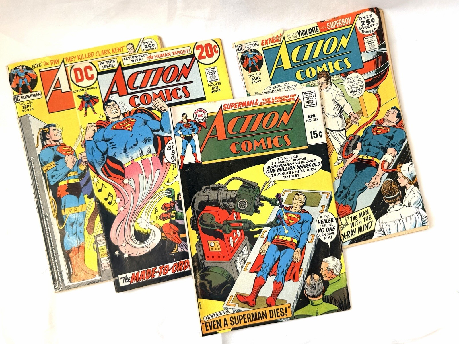 Action Comics Superman Lot of 4 Comic Books Issues 387, 403, 404, & 420 Action Comics Superman Lot of 4 Comic Books Issues 387, 403, 404, & 420