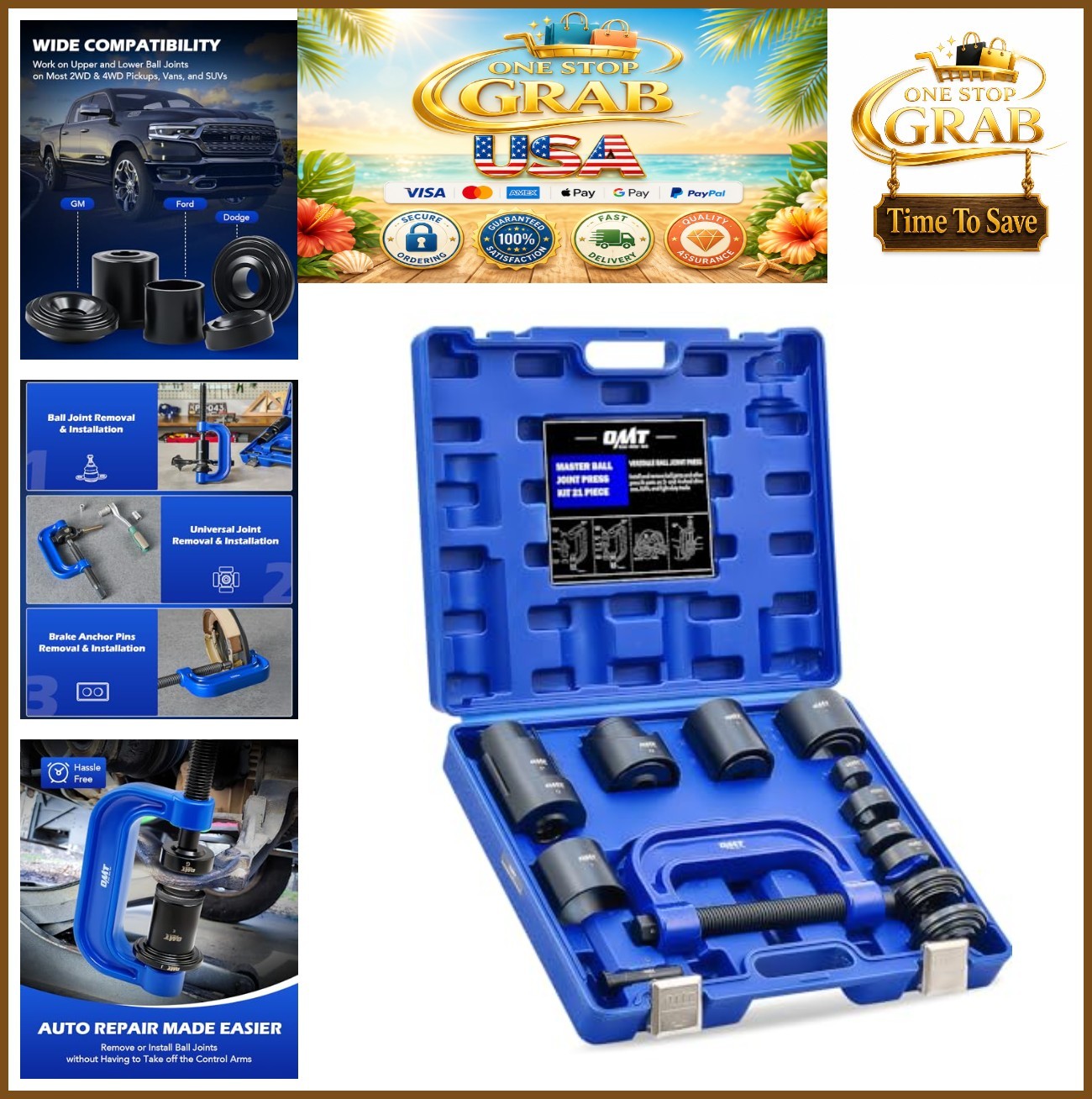 Ball Joint Press Kit 21 Piece 2WD 4WD Removal Tool Adapters C Frame Case for