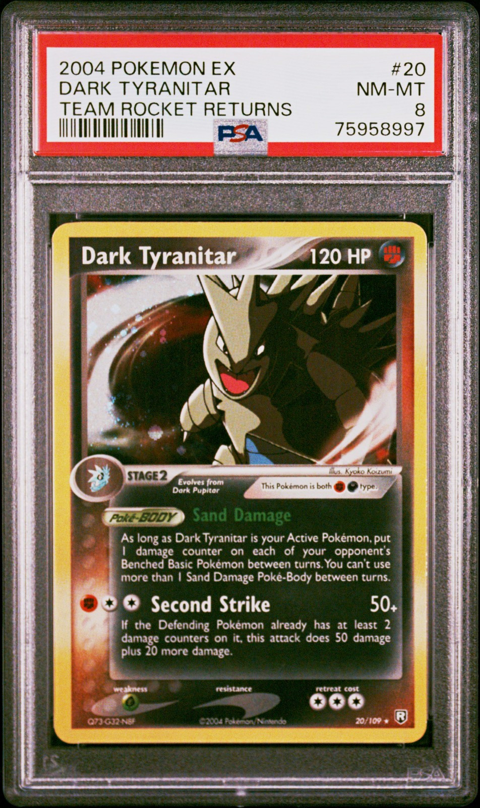 Pokemon 2004 EX Team Rocket Returns Dark Tyranitar 20/109 Holo PSA 8 SWIRL