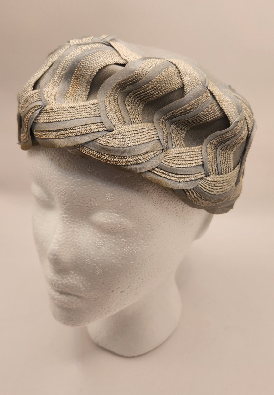 Vintage Schiaparelli Paris Pillbox Hat Blue Silk Looped Design 8”