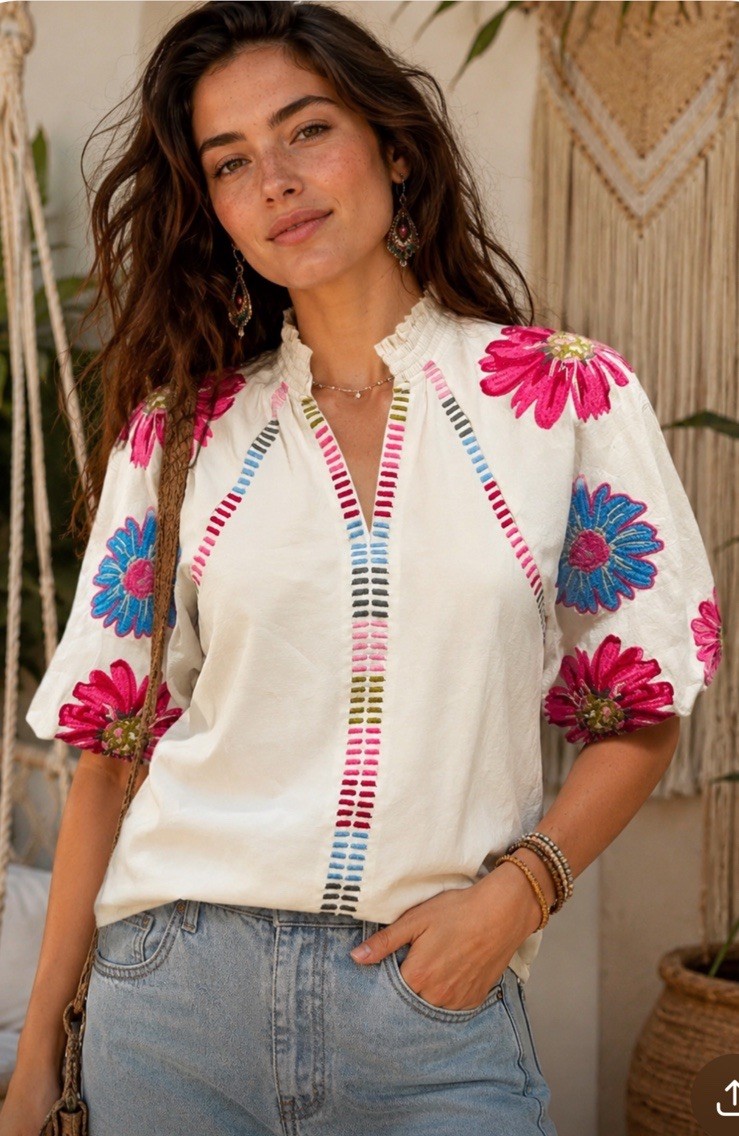 THML Floral Puff Sleeve Top Womens XS Cream Multi Embroidered V Neck Boho Hippie