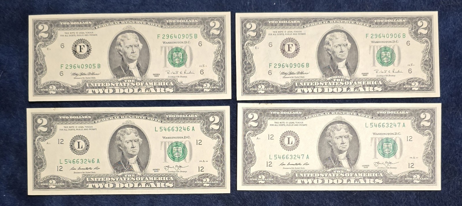 4 Uncirculated $2 Bills - Sequential Pairs (Series 1995 & 2013) - Crisp