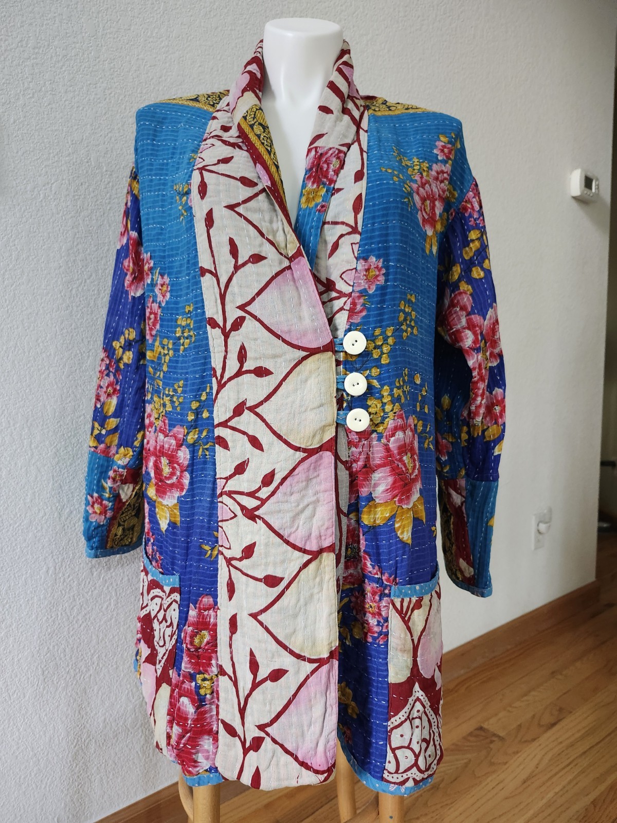 Women’s One Size Reversible Kantha Coat 100% Cotton Quilted Hand Dyed Hearts