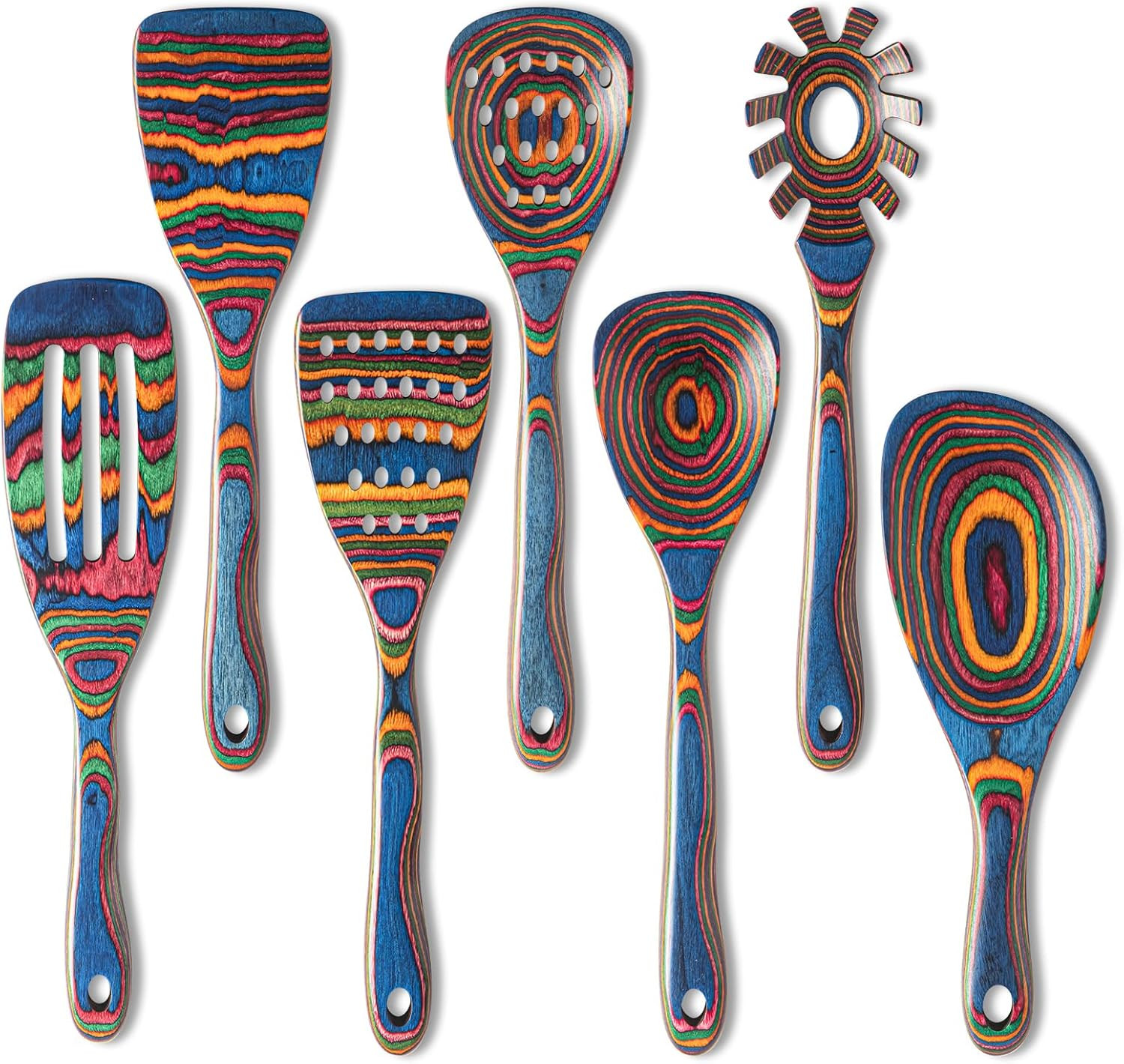 Pakkawood 7-Piece Blue Wooden Cooking Utensils - Wooden Spoons, Kitchen Utensil 