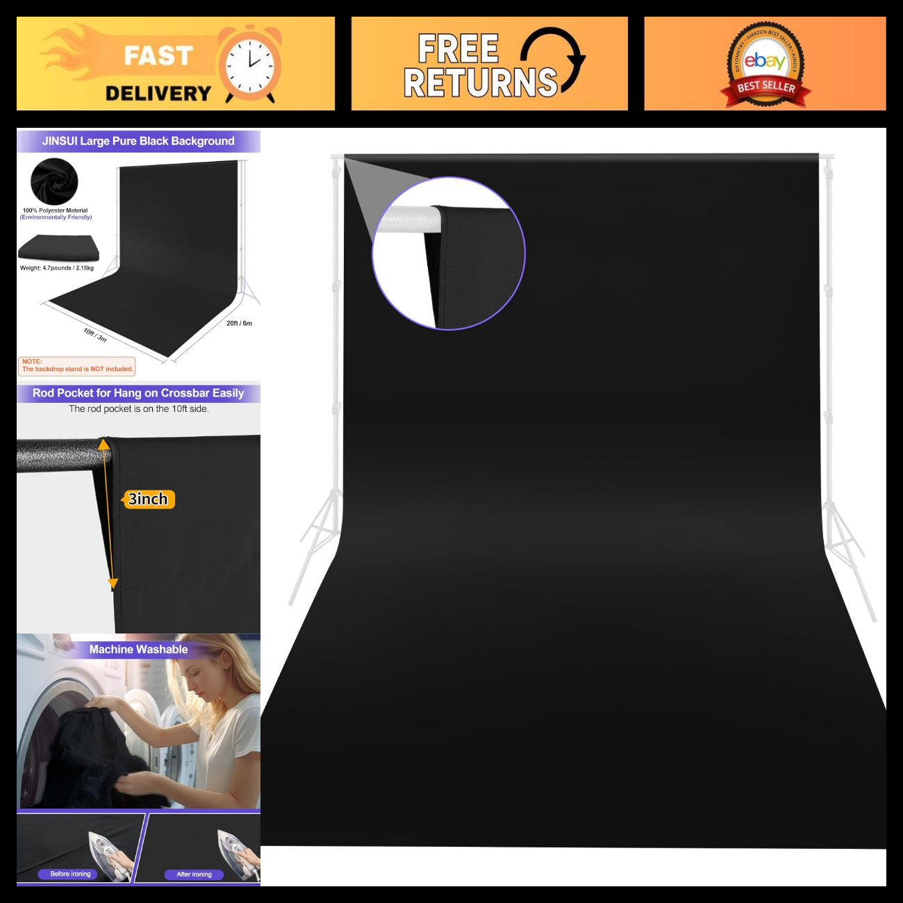 Large Black Photo Backdrop 10x20 ft, Studio Background Curtain for Photography