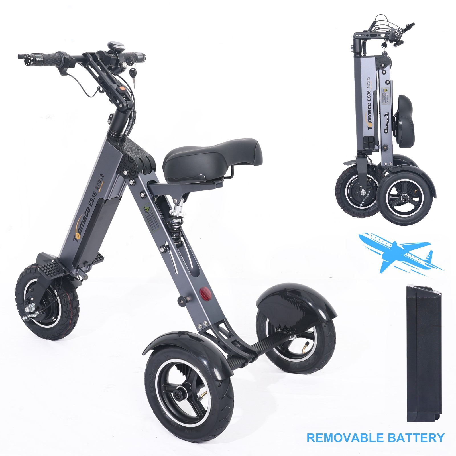 Topmate ES36 3 Wheel Foldable Mobilit Scooter Electric Trike w Removable Battery