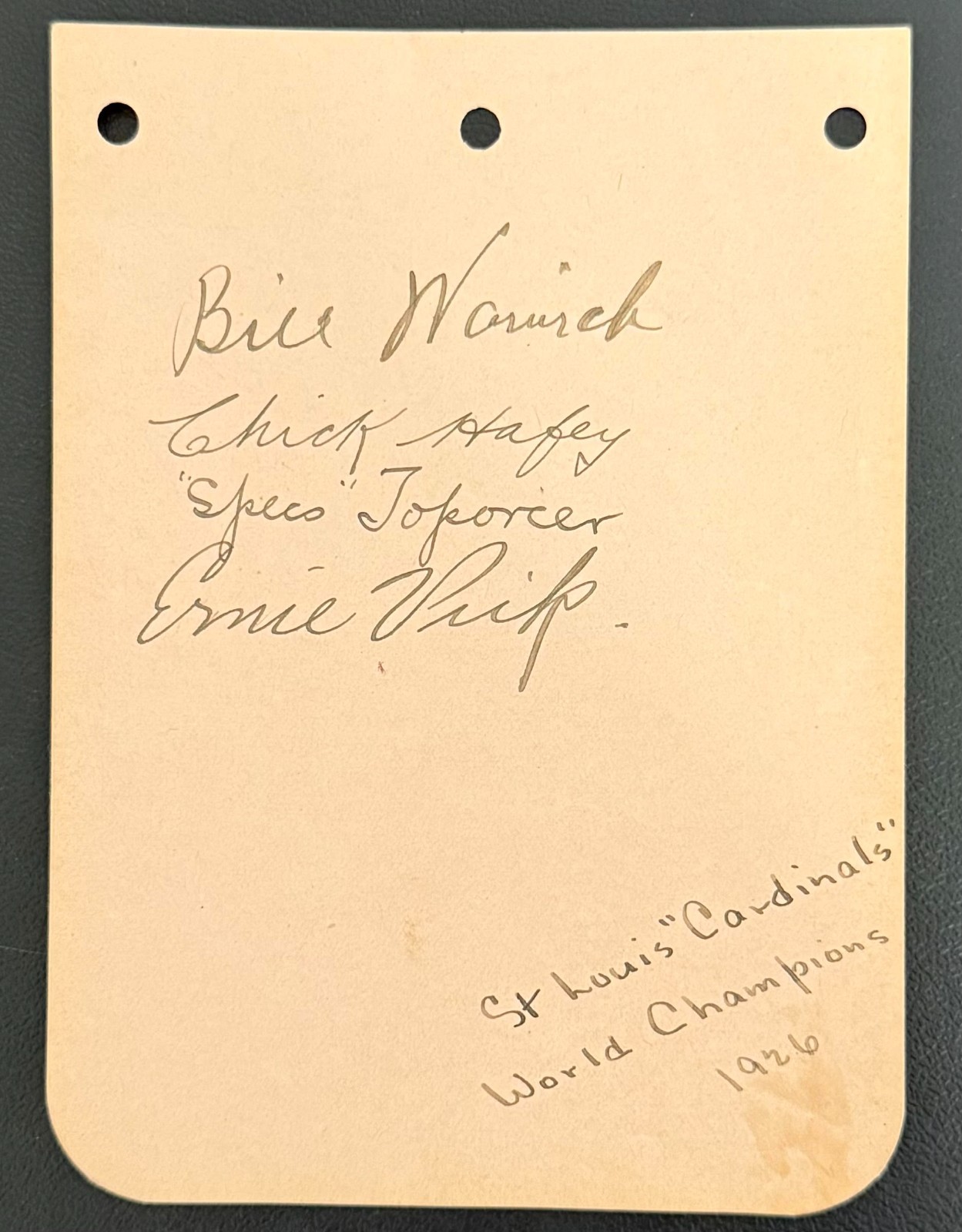 1926 World Champion Cardinals Autographed Album Page Signed by FOUR