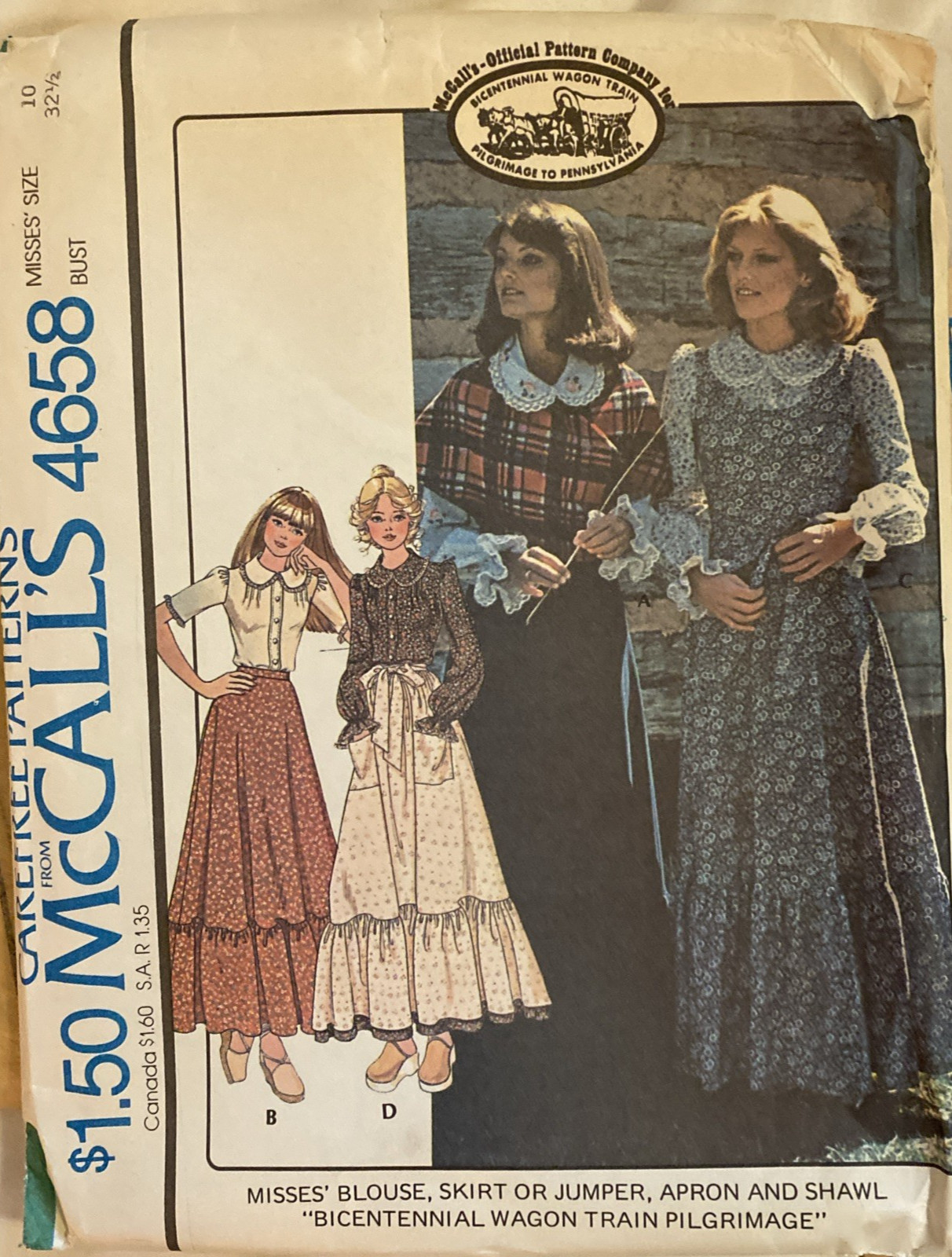 VTG 1975 McCall's Bicentennial Wagon Train Skirt Jumper Blouse Apron Shawl UNCUT VTG 1975 McCall's Bicentennial Wagon Train Skirt Jumper Blouse Apron Shawl UNCUT