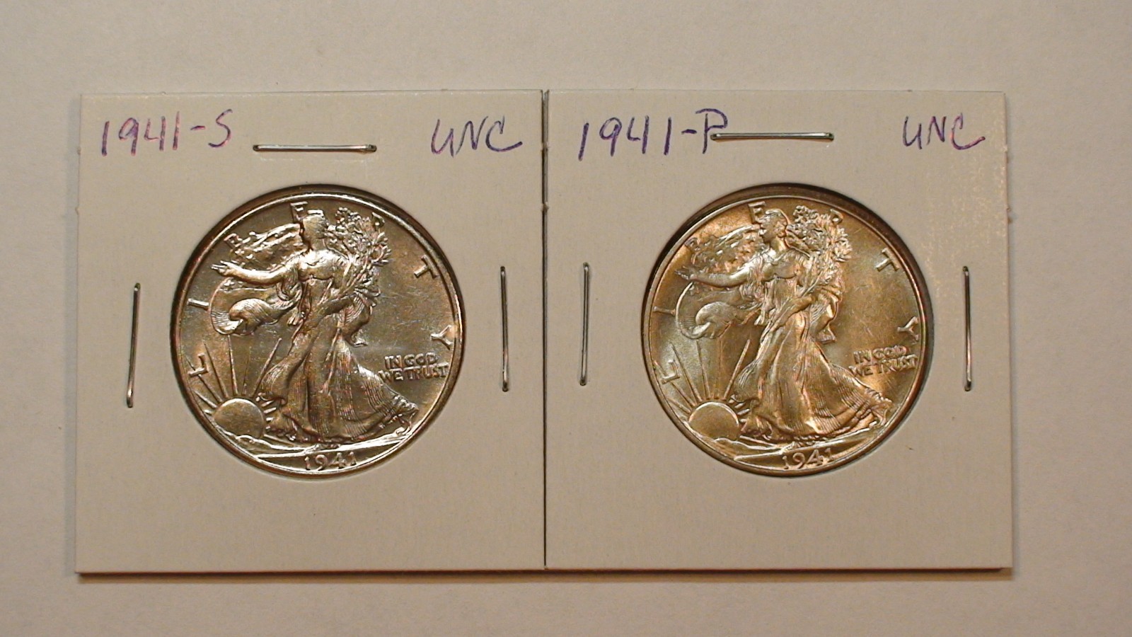 1941 P & S WALKING LIBERTY HALVES 2 UNCIRCULATED SILVER 50C Coins