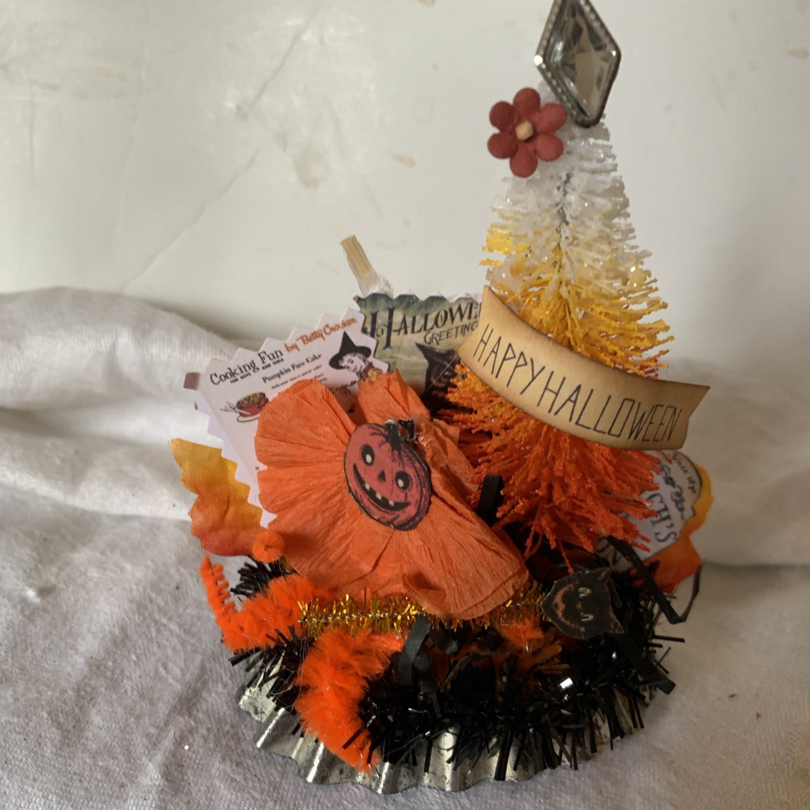 Primitive Halloween Chenille Pumpkin Fall Display On Vintage  Cookie Tin 3x4”