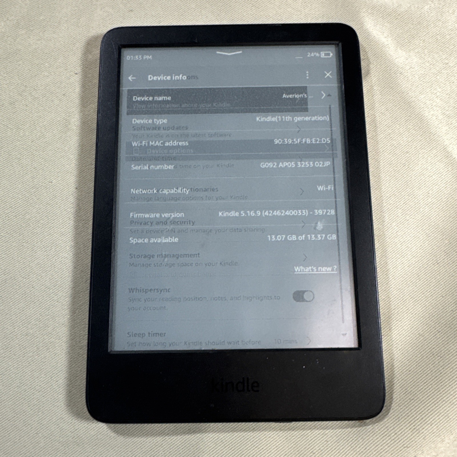 Amazon Kindle (11th Generation) C2V2L3 E-Reader (Wi-Fi) - 16GB Black
