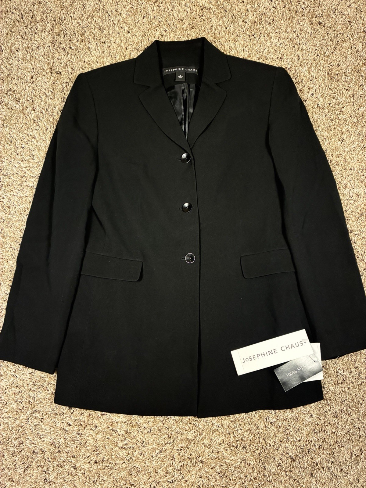 NWTs Josephine Chaus 100% Silk Blazer True Black Single 3 Button Size 4
