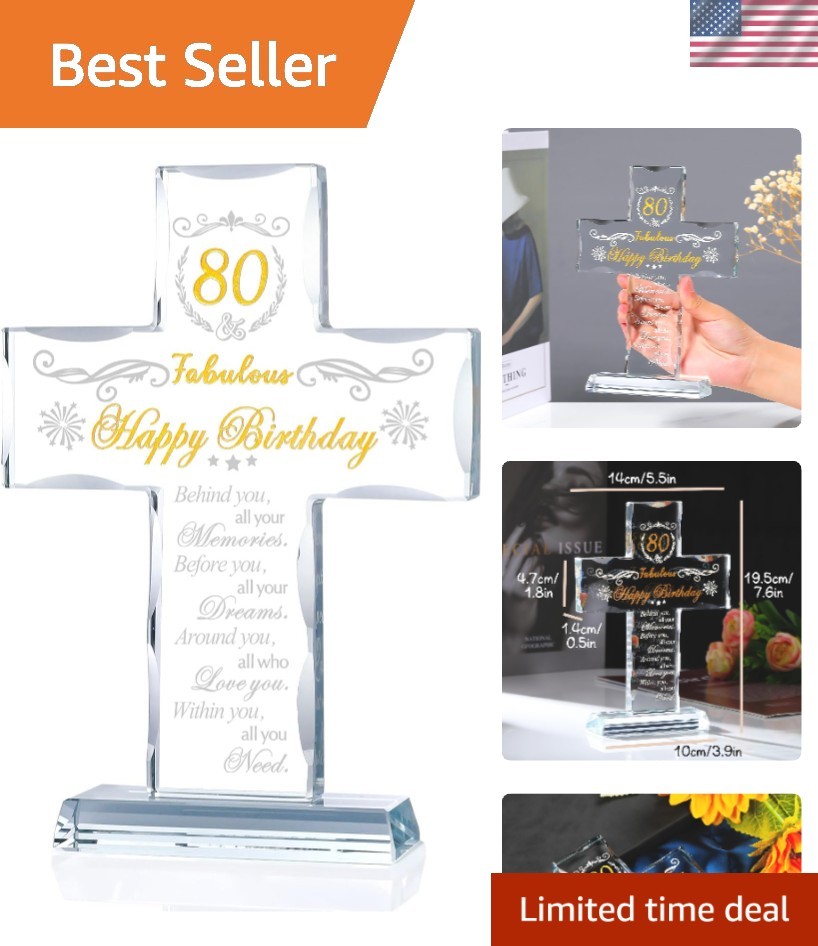 Celebratory 80th Birthday Glass Cross - Art Deco Keepsake for Cherished Memories